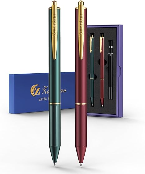 Stylo gel rétractable en métal 0,5 mm, stylo élégant, corps en métal de qualité supérieure, écriture fluide, encre d'archivage, anti-fuite, coffret cadeau idéal - 2 stylos/boîte avec 2 recharges
