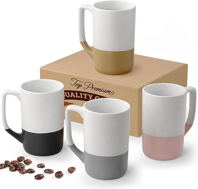 Ensemble de 4 grandes tasses à café en céramique, 47 cl (16 oz), avec anse, en porcelaine, idéales pour le latte, le thé chaud, le cappuccino, le lait, le chocolat chaud. Compatibles micro-ondes et lave-vaisselle