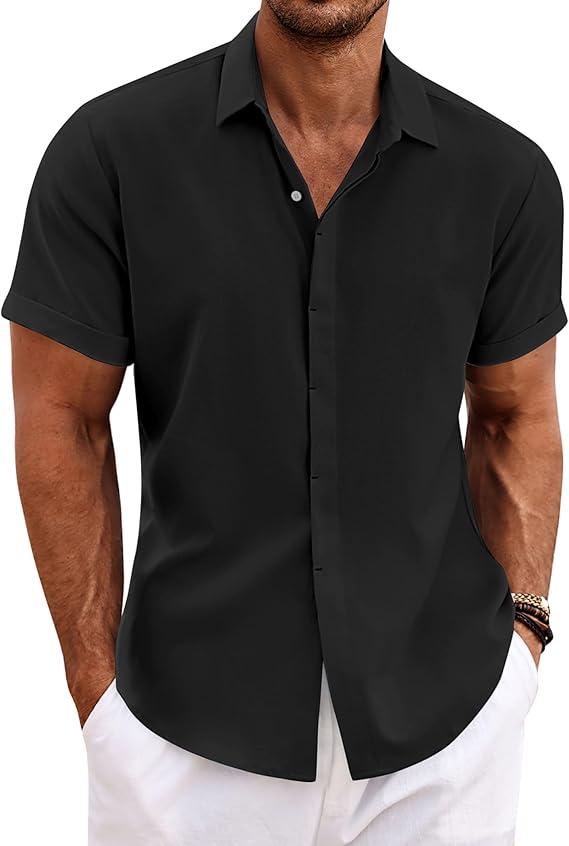 Chemises en lin pour hommes COOFANDY, manches courtes, style décontracté, boutonnées, idéales pour la plage, l'été et les mariages. - Image de 2