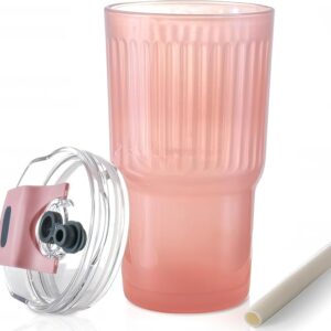 Gobelets à café glacé avec couvercles : Accessoires pour bar à café - Gobelets en verre côtelé avec paille et couvercle (lot de 4) - Gobelets étanches de 590 ml - Gobelets réutilisables en verre avec couvercle et paille pour café glacé à emporter