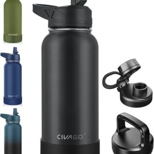 Bouteille isotherme CIVAGO 950 ml avec paille, gourde de sport en acier inoxydable avec 3 couvercles (paille, bec verseur et poignée), mug isotherme de voyage à large ouverture, noire