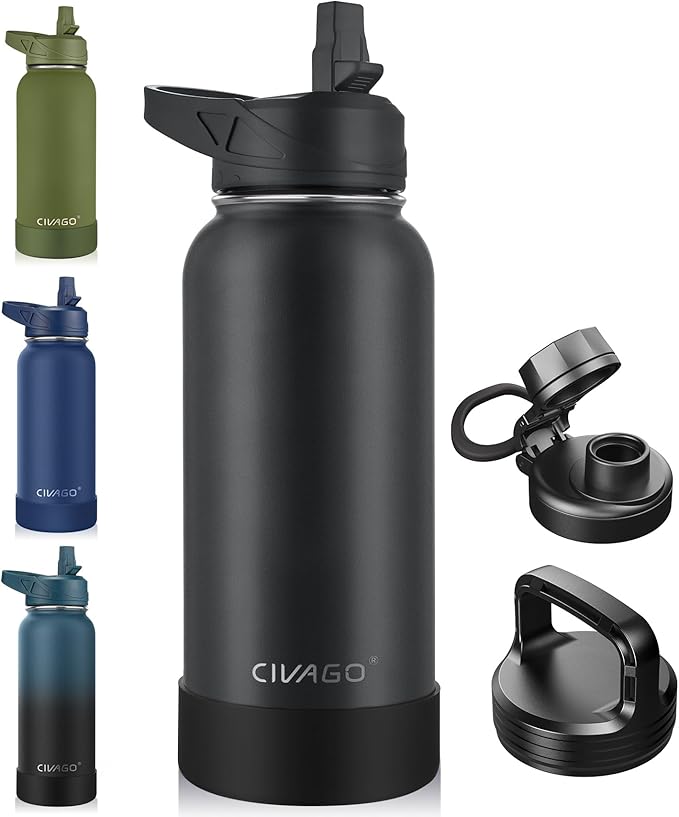 Bouteille isotherme CIVAGO 950 ml avec paille, gourde de sport en acier inoxydable avec 3 couvercles (paille, bec verseur et poignée), mug isotherme de voyage à large ouverture, noire
