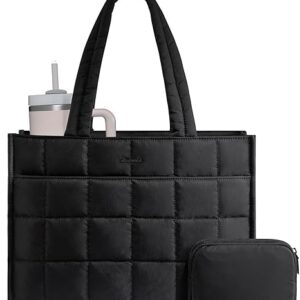 Sac cabas LOVEVOOK pour femme, sac de travail matelassé, pochette pour ordinateur portable 15,6 pouces, idéal pour les infirmières et les enseignantes, grand sac de voyage matelassé avec fermeture éclair, parfait pour les études, le bureau, les stages cliniques et la salle de sport, noir
