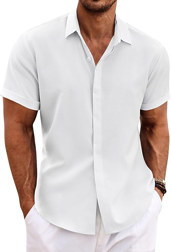 Chemises en lin pour hommes COOFANDY, manches courtes, style décontracté, boutonnées, idéales pour la plage, l'été et les mariages.