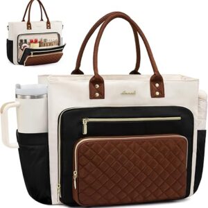 Sac fourre-tout LOVEVOOK pour enseignante, idéal pour le travail, sac pour ordinateur portable avec grand porte-gobelet, sac d'infirmière, mallette professionnelle, sac à main pour ordinateur portable, cadeau original, noir-beige-marron, 39,6 cm