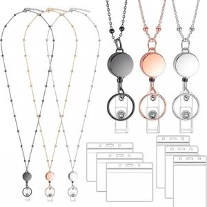 Lanières pour badges d'identification, lot de 3 lanières avec 6 porte-badges, lanières rétractables pour badges d'identification pour femmes, hommes et filles (noir, argent, or rose)