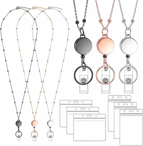 Lanières pour badges d'identification, lot de 3 lanières avec 6 porte-badges, lanières rétractables pour badges d'identification pour femmes, hommes et filles (noir, argent, or rose)