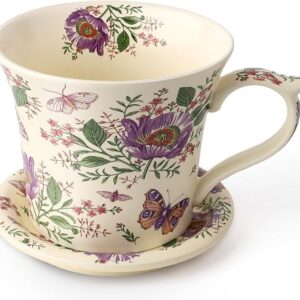 Ensemble tasse et soucoupe DOWAN 414 ml (14 oz), mug à café en céramique avec couvercle, tasse cappuccino/latte, motif floral, idéal pour se faire plaisir ou à offrir, un ensemble