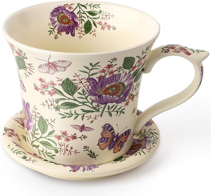 Ensemble tasse et soucoupe DOWAN 414 ml (14 oz), mug à café en céramique avec couvercle, tasse cappuccino/latte, motif floral, idéal pour se faire plaisir ou à offrir, un ensemble