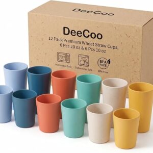 Lot de 12 gobelets en paille de blé de qualité supérieure, 6 gobelets incassables de 59 cl et 6 gobelets de 30 cl, alternative aux gobelets en plastique, réutilisables, compatibles micro-ondes et lave-vaisselle, sans BPA, 6 couleurs