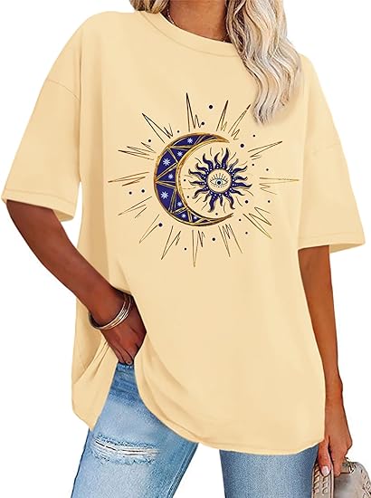 T-shirt oversize pour femme, imprimé graphique, col rond, manches courtes, coupe ample, collection été 2026