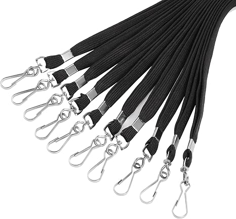 Lot de 25 lanières noires Prudiut pour badges d'identification, lanières plates avec clip et crochet pivotant