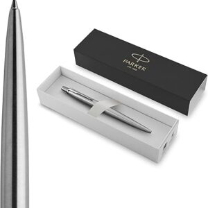 Stylo bille Parker Jotter, acier inoxydable avec attributs chromés, pointe moyenne, encre bleue - Écriture fluide, finition polie, design élégant et professionnel