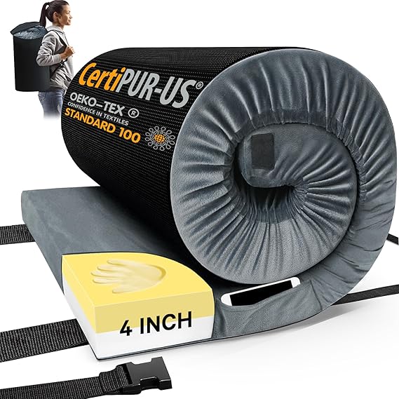 Matelas de camping CYMULA en mousse à mémoire de forme, certifié CertiPUR-US, matelas enroulable et portable pour adultes, matelas de camping pour les soirées pyjama, lit de voiture avec sac de transport