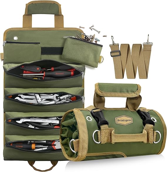 Étui à outils robuste en toile - Pochette multifonctionnelle pour clés avec 6 poches zippées - Rangement compact pour coffre de voiture, idéal pour les mécaniciens, les électriciens et les kits d'urgence tout-terrain (Vert)